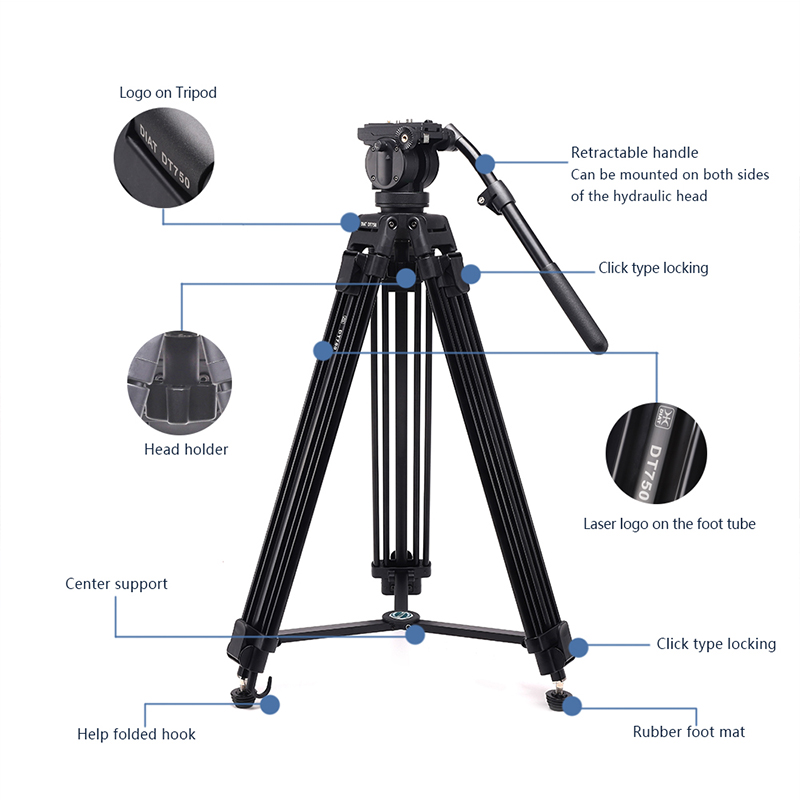 DIAT new DT750 video camera support tripod three sections 1.7meters high DSLR heavy duty tripod